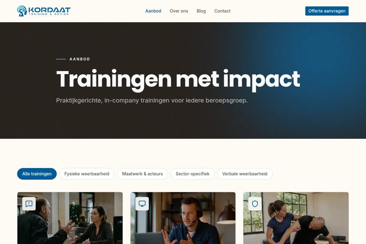 Kordaat Training offering page with filterable trainings