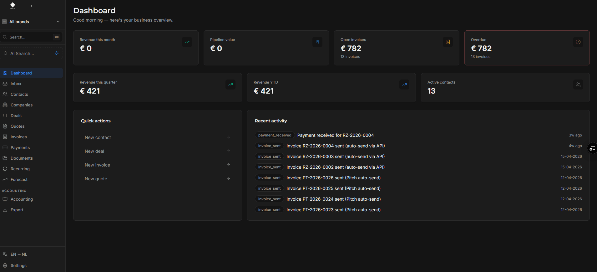 Nexus dashboard — revenue, pipeline, and recent activity